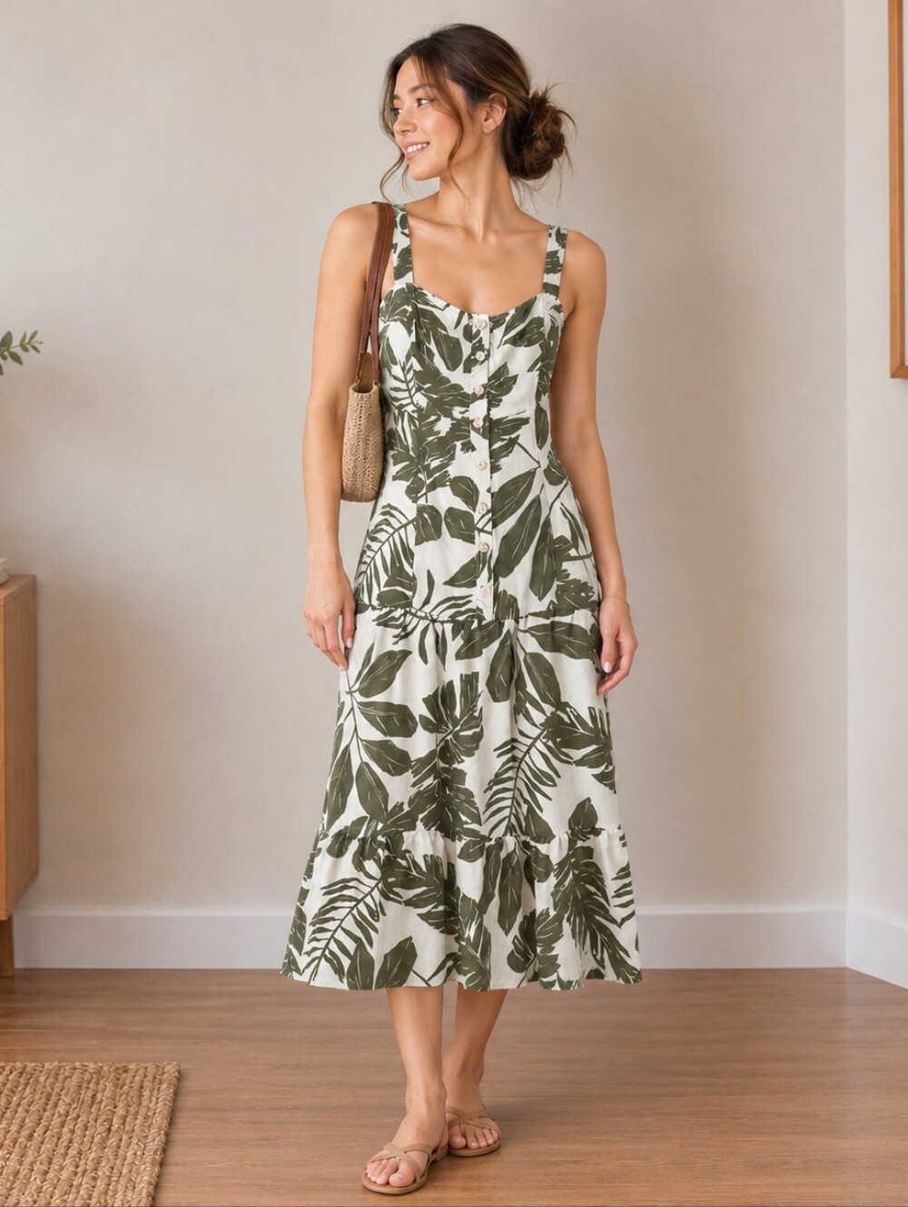 Sleeveless Midi Dress with Olive Leaf Print